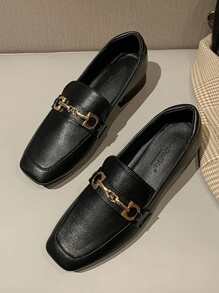 Women Black Snaffle Decor Flats, Fashionable Square Toe Flat Loafers