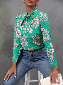 SHEIN Unity Floral Print Tie Neck Shirt - Green - View 1