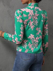SHEIN Unity Floral Print Tie Neck Shirt - Green - View 2
