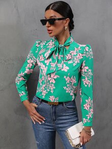 SHEIN Unity Floral Print Tie Neck Shirt - Green - View 5