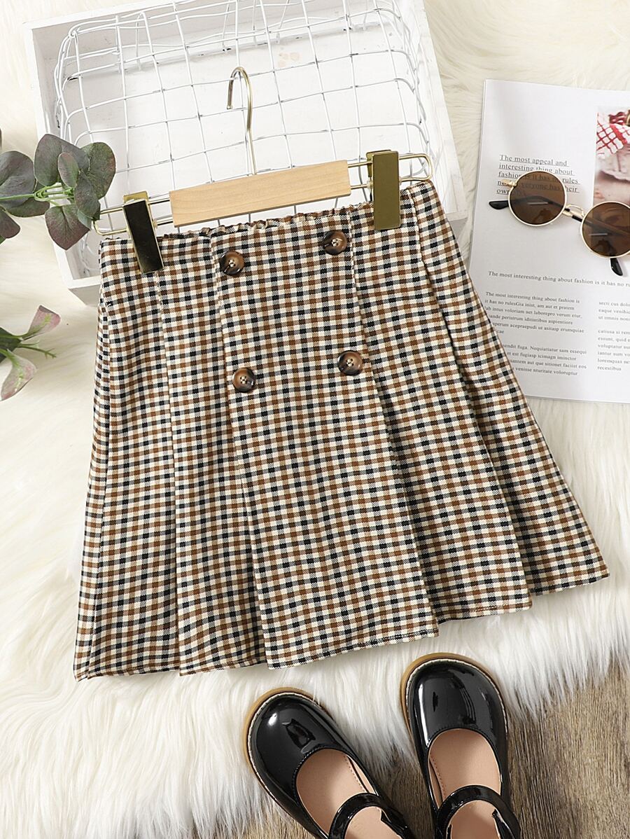 SHEIN 女孩格紋印花雙排釦百褶半身裙