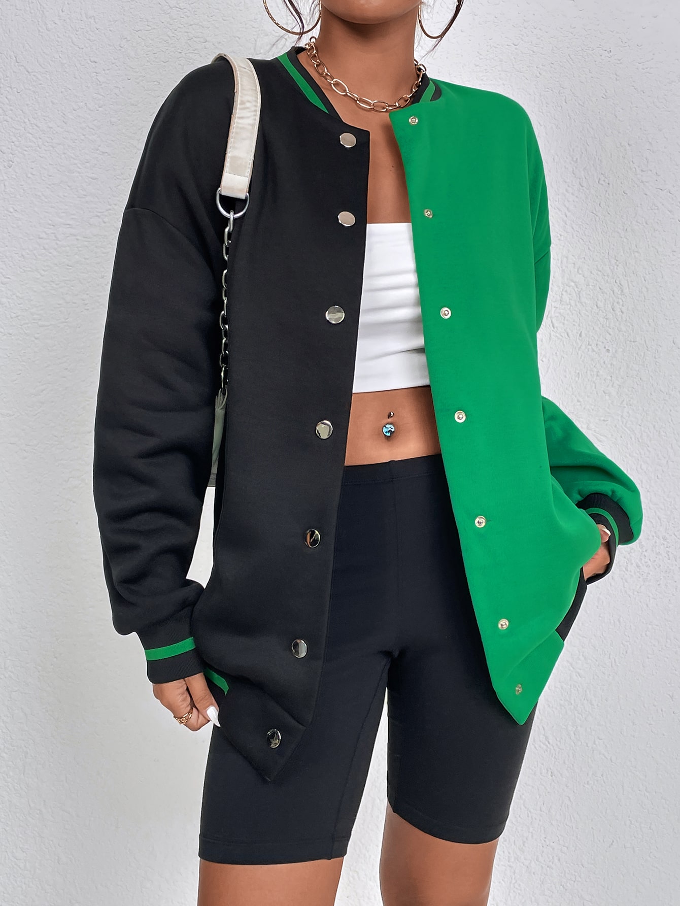 Two Tone Snap Button Varsity Jacket SHEIN USA