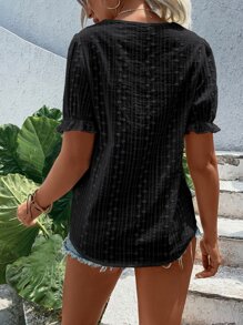 Breezaya 網眼刺繡蕾絲拼接泡泡袖襯衫 - 黑色 - 查看 2