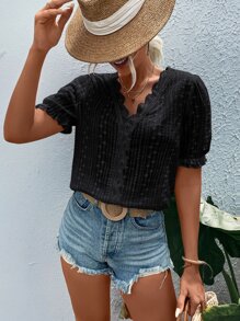 Breezaya 網眼刺繡蕾絲拼接泡泡袖襯衫 - 黑色 - 查看 3