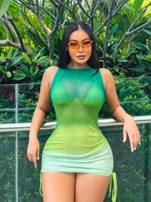 Bikinx Ombre Bikini Set Triangle Bra & High Cut Bottom & Drawstring Cover Up Dress 3 Pieces Bathing Suit Summer - Green - View 1