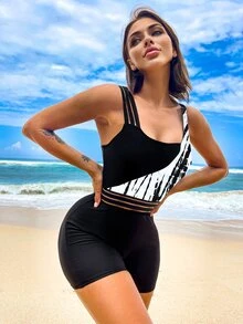 Bikinx 雙色不對稱領拼接網紗連體泳衣 - 黑與白 - 查看 3