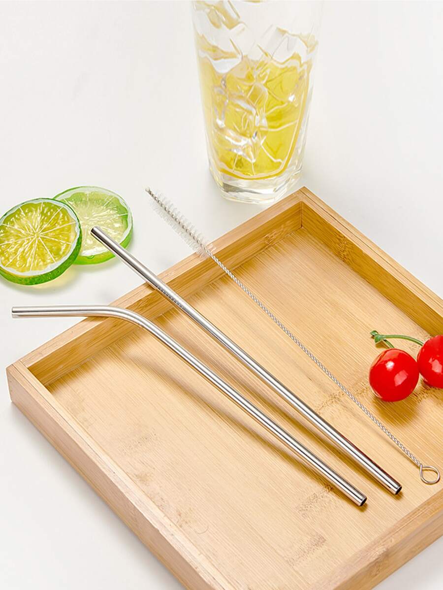 2 cái Ống hút bằng thép không gỉ & 1 cái Bàn chải làm sạch - Bạc - Xem 1