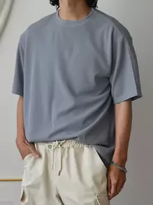 DAZY Tops Nam Gân đan màu trơn Giải trí - Màu xanh bụi bặm - Xem 3