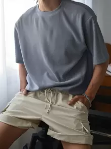 DAZY Tops Nam Gân đan màu trơn Giải trí - Màu xanh bụi bặm - Xem 6