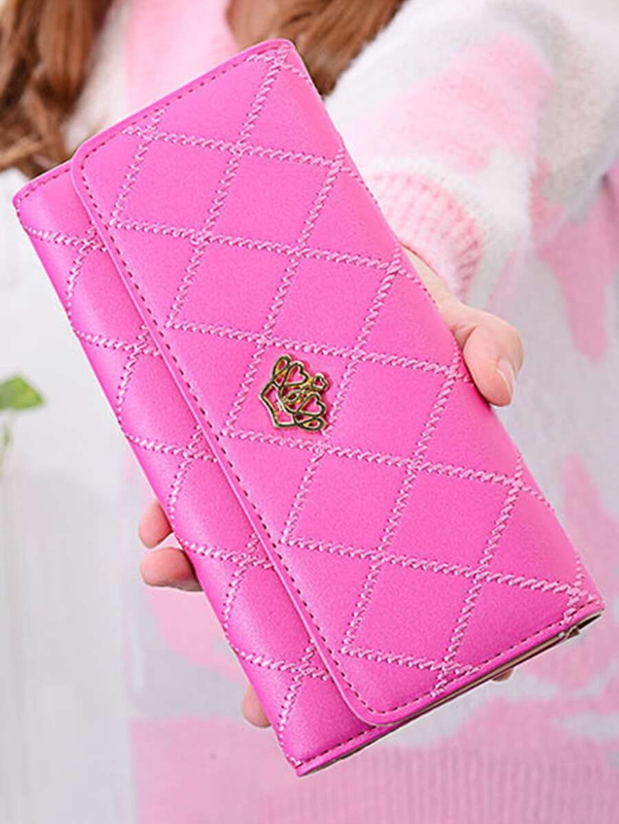 Neon Hot Pink Geometric Quilted Leather Long Wallet Checkbook Cover Lightweight, Modern, Business Credit Card, ID Card, Money, Cash Business Casual Teacher's Day, Teacher Gifts, Work, Business, Commute, Travel, Holiday, Office, Vacation, For Anniversary, For Couple, For Birthday Gift, On Valentine Day, For Gift For Lady, For Female, White-Collar Workers, For Women Gift - Hot Pink - View 1