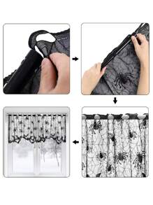 Halloween Spider & Bat Embroidery Lace Window Valance - Black - View 4