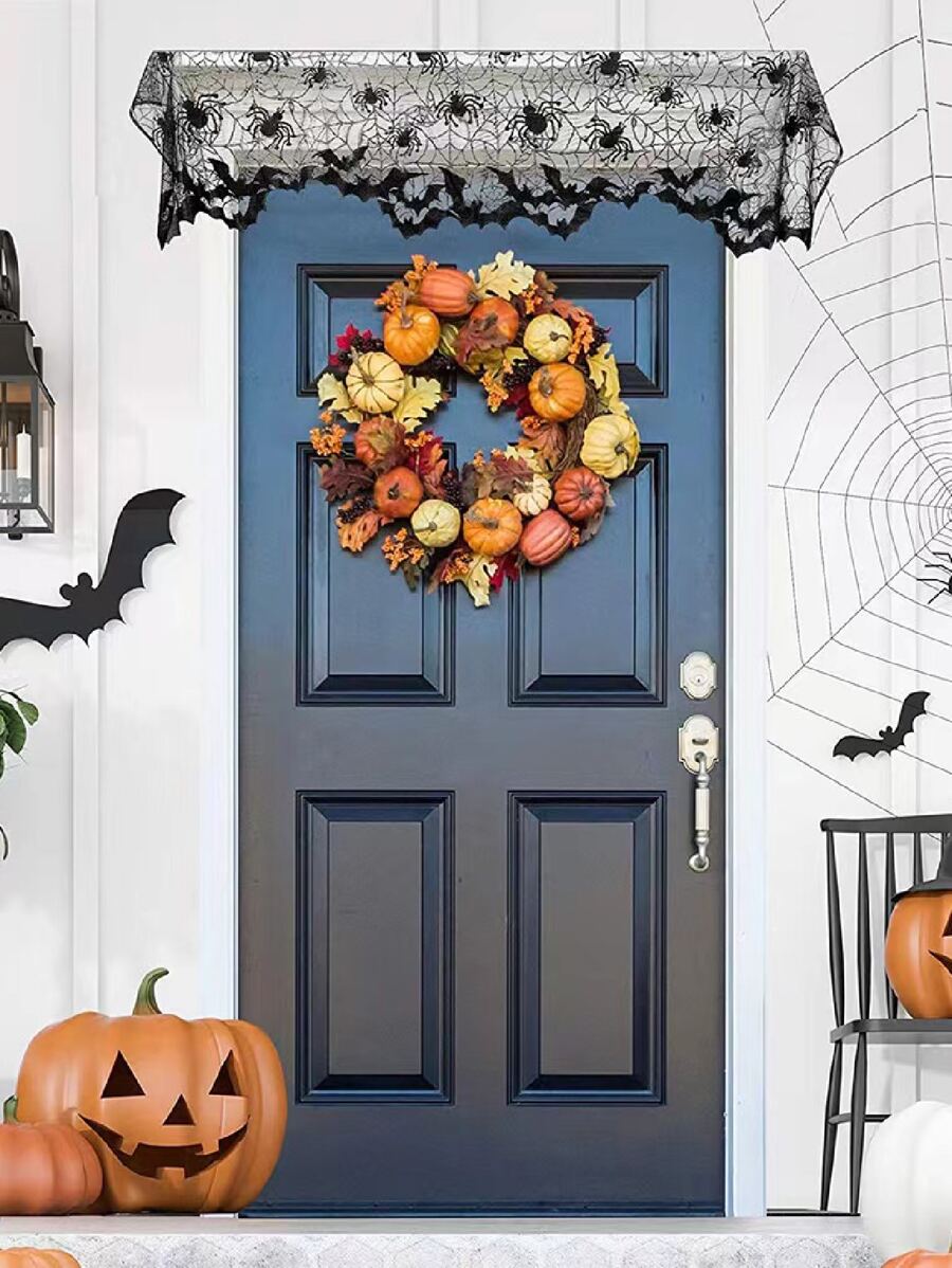 Halloween Spider & Bat Embroidery Lace Window Valance - Black - View 1