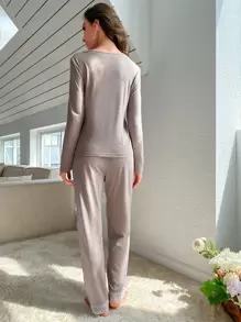 Bộ đồ ngủ/Pjama cổ chữ V lưới tương phản, Quần áo mùa thu - Màu Khaki - Xem 2