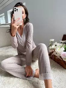 Bộ đồ ngủ/Pjama cổ chữ V lưới tương phản, Quần áo mùa thu - Màu Khaki - Xem 5