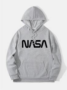 Men Letter Graphic Drawstring Thermal Hoodie - Light Grey - View 1