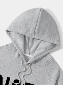 Men Letter Graphic Drawstring Thermal Hoodie - Light Grey - View 6