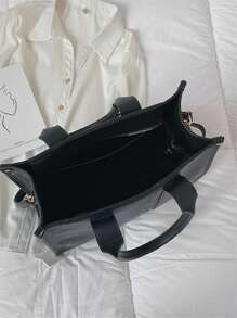 輕薄便攜大容量休閒時尚字母印花手提包時尚女式手提包人造皮革單肩包帶可拆卸肩帶女童女大學生新人白領秋季必備冬季必備上班辦公通勤 , 秋冬 , 戶外 - 黑色 - 查看 3