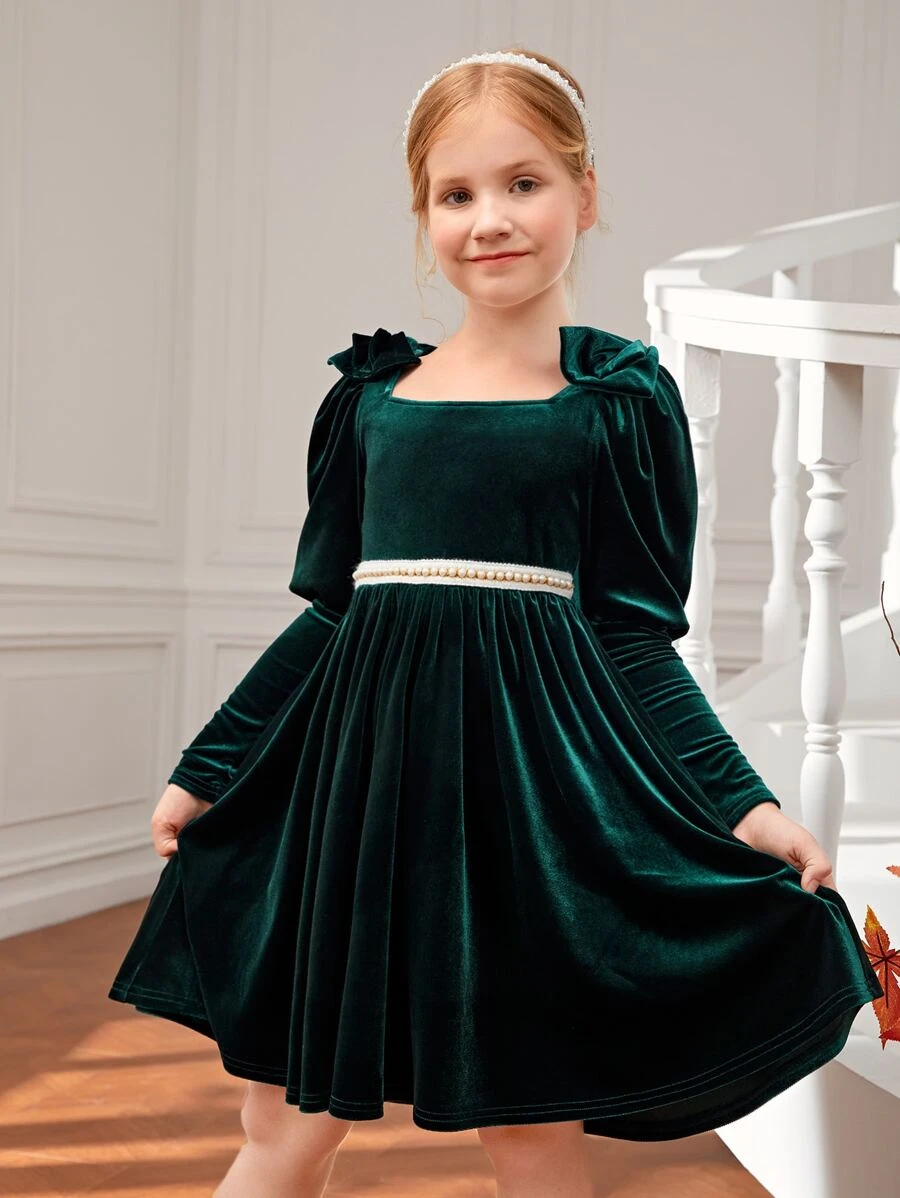 SHEIN 女大童珍珠串珠羊腿袖肩部蝴蝶結絲絨派對禮服