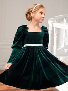 SHEIN 女大童珍珠串珠羊腿袖肩部蝴蝶結絲絨派對禮服