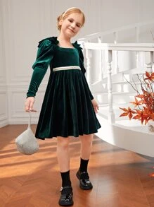 SHEIN 女大童珍珠串珠羊腿袖肩部蝴蝶結絲絨派對禮服