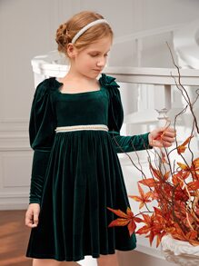 SHEIN 女大童珍珠串珠羊腿袖肩部蝴蝶結絲絨派對禮服