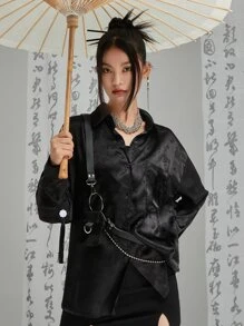 DAZY Áo sơ mi vai trễ vai họa tiết hoa jacquard có túi vá không có thắt lưng, quần áo mùa thu dài tay - màu đen - Xem 1