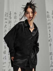 DAZY Áo sơ mi vai trễ vai họa tiết hoa jacquard có túi vá không có thắt lưng, quần áo mùa thu dài tay - màu đen - Xem 4