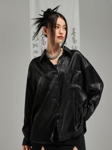 DAZY Áo sơ mi vai trễ vai họa tiết hoa jacquard có túi vá không có thắt lưng, quần áo mùa thu dài tay - màu đen - Xem 5