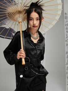 DAZY Áo sơ mi vai trễ vai họa tiết hoa jacquard có túi vá không có thắt lưng, quần áo mùa thu dài tay - màu đen - Xem 7