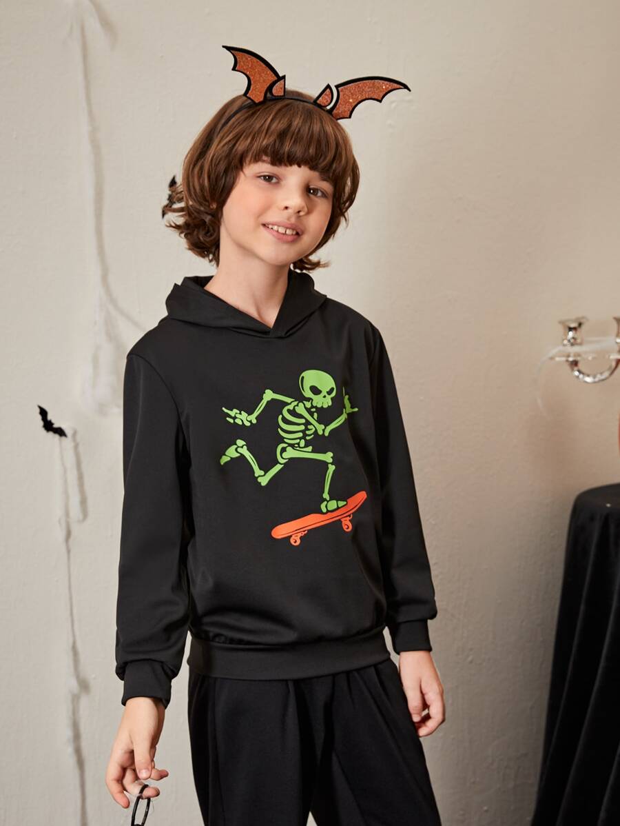 SHEIN Áo nỉ in hình đầu lâu phản quang dành cho bé trai tuổi teen nhân dịp Halloween - màu đen - Xem 1