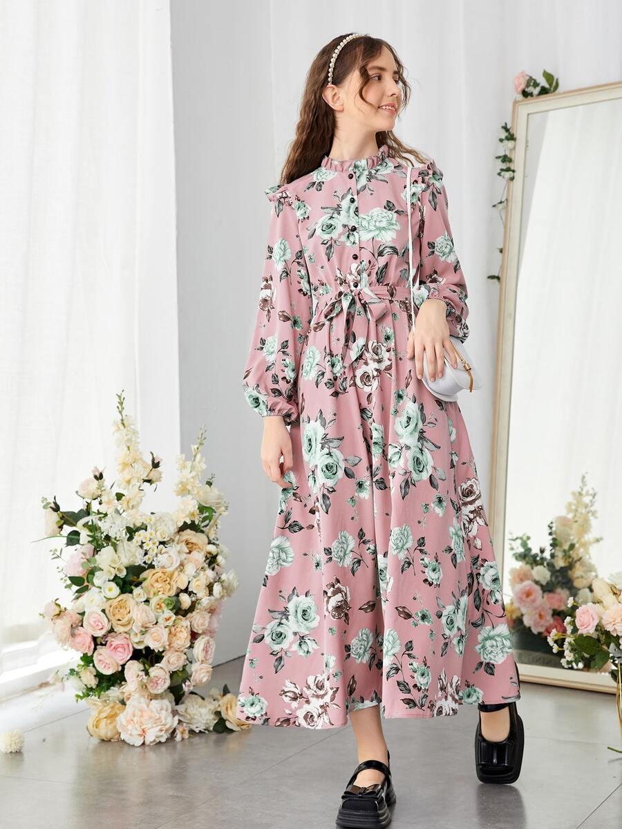 SHEIN 青少年女孩印花褶邊燈籠袖繫腰帶洋裝