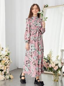 SHEIN 青少年女孩印花褶邊燈籠袖繫腰帶洋裝