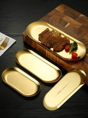 1st tallrik i rostfritt stål, fransk oval formad gyllene metallbricka, efterrätt, pommes frites, bifffat, köksfat