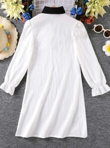 Girls Contrast Collar Flounce Sleeve Dress - White - View 2