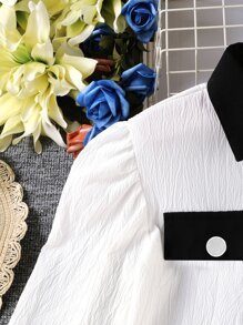 Girls Contrast Collar Flounce Sleeve Dress - White - View 3