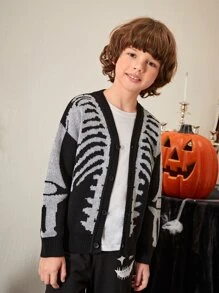 SHEIN Boys Skeleton Pattern Drop Shoulder Cardigan - Black - View 4