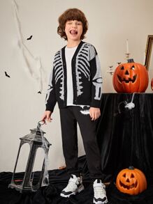 SHEIN Boys Skeleton Pattern Drop Shoulder Cardigan - Black - View 5
