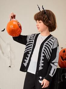 SHEIN Boys Skeleton Pattern Drop Shoulder Cardigan - Black - View 6