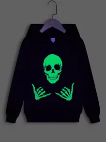 SHEIN Tween Boy Reflective Skull Print Hoodie,In Fall/Winter - Black - View 2