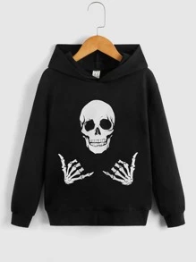 SHEIN Tween Boy Reflective Skull Print Hoodie,In Fall/Winter - Black - View 6