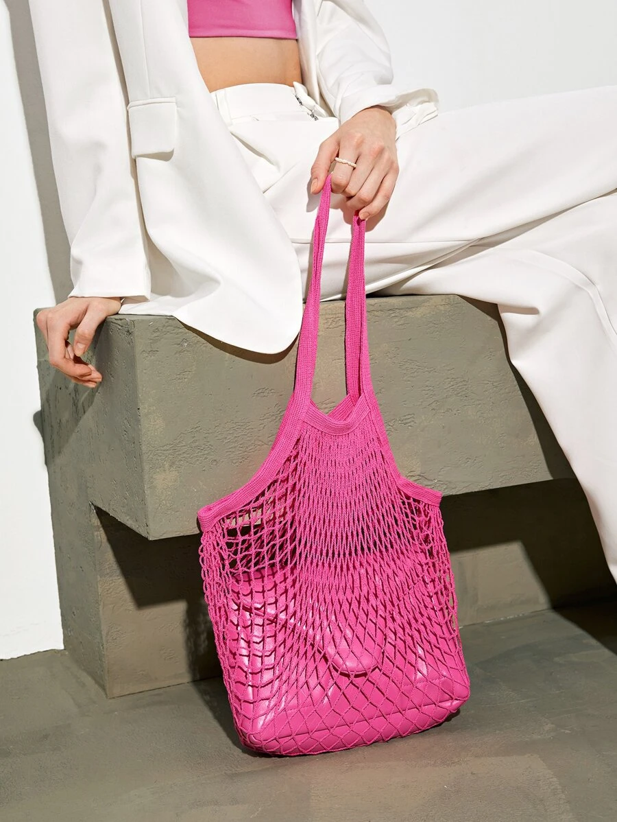 SHEIN Basic living Reusable To-Go Market Filt French Net Mesh Travel Beach Bag—Natural - Pink - View 1