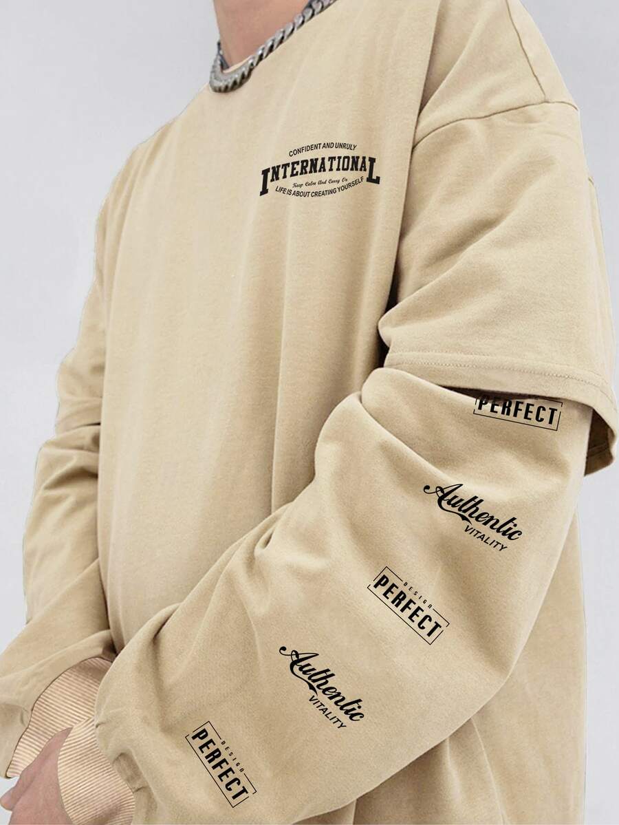 SHEIN X Made in America Áo nỉ Nam Lá thư Giải trí - Màu be - Xem 1