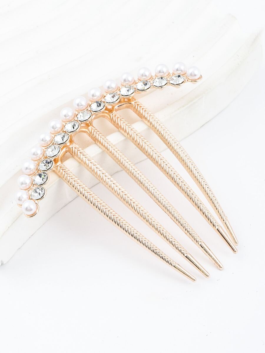Rhinestone & Faux Pearl Decor Hair Pin - Gold - View 1