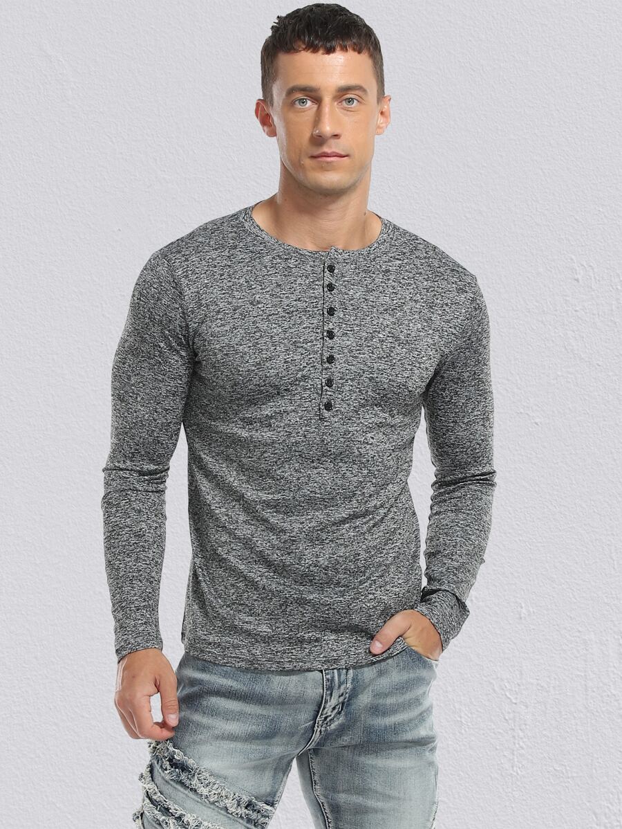 NITAGUT Men Button Half Placket Tee - Grey - View 1