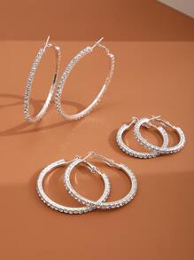 17KM 3pairs Rhinestone Decor Hoop Earrings