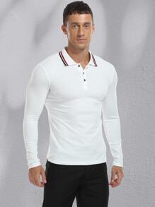NITAGUT Men Striped Trim Long Sleeve Polo Shirt - White - View 1