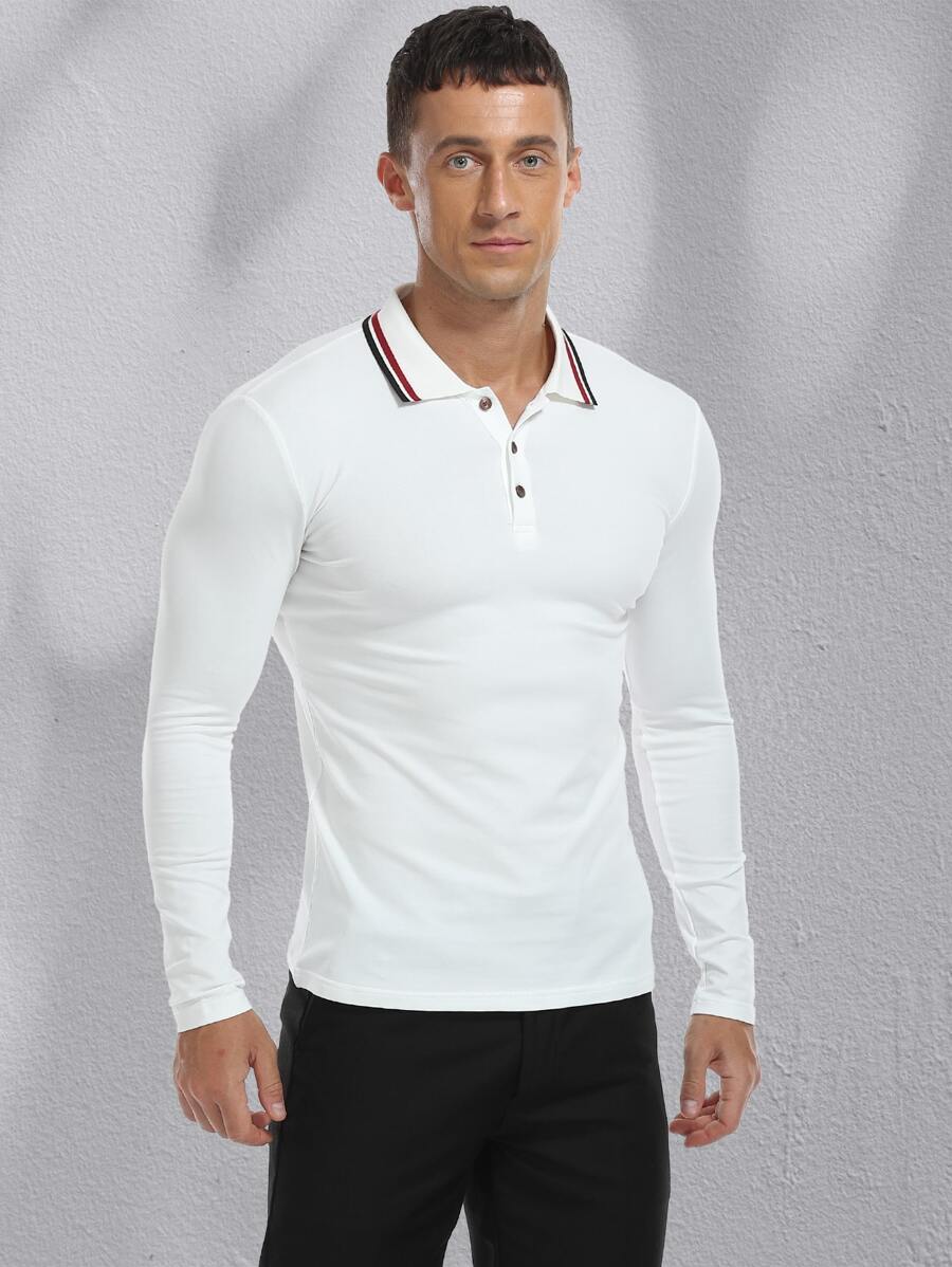 NITAGUT Men Striped Trim Long Sleeve Polo Shirt - White - View 1