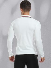 NITAGUT Men Striped Trim Long Sleeve Polo Shirt - White - View 2