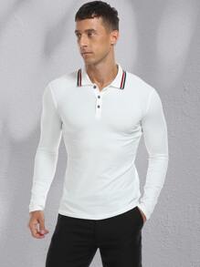 NITAGUT Men Striped Trim Long Sleeve Polo Shirt - White - View 3