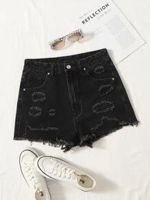 Shorts en mezclilla bajo crudo roto - Negro - Ver 1